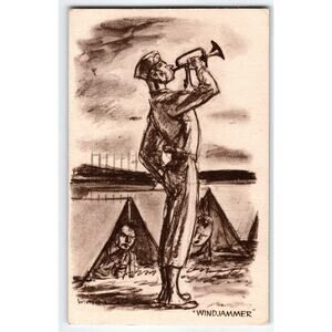 US Army Military Postcard Windjammer Bugle Horn Tents WM 1940's War Linen WW2